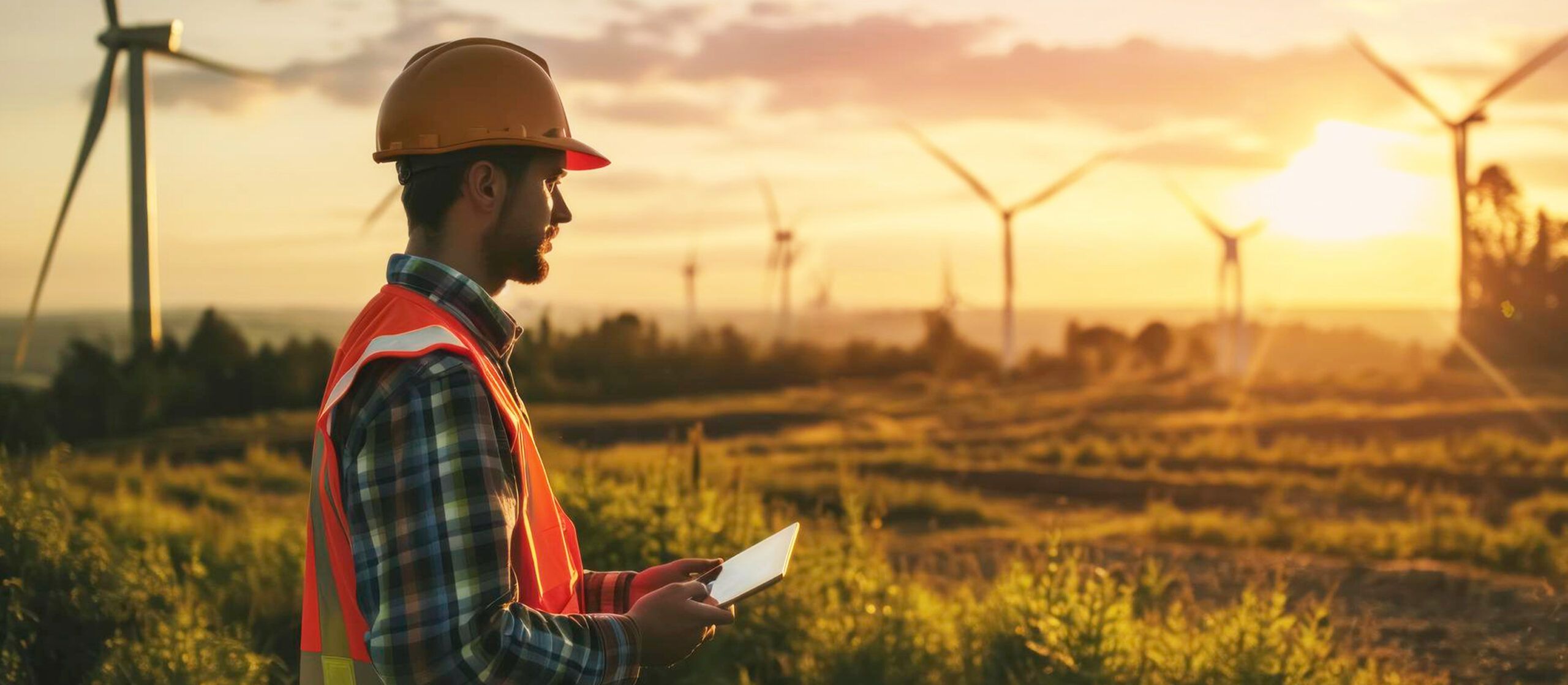 Homem em pé segurando um tablet em uma fazenda de energia eólica