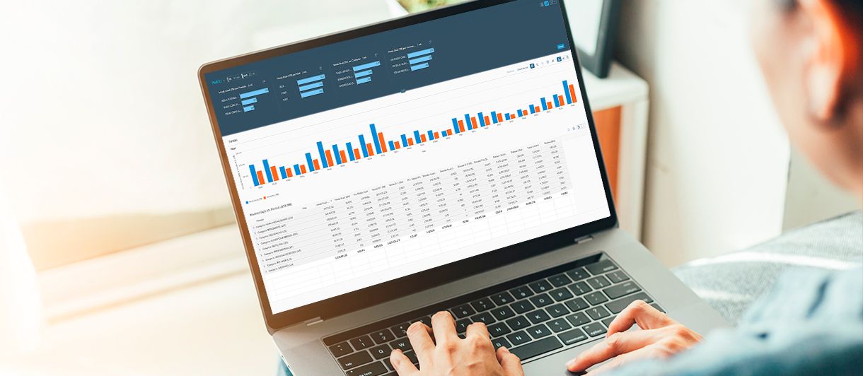 Pessoa mexendo no notebook, no qual há um dashboard com dados representando um sistema de Business Intelligence para varejo