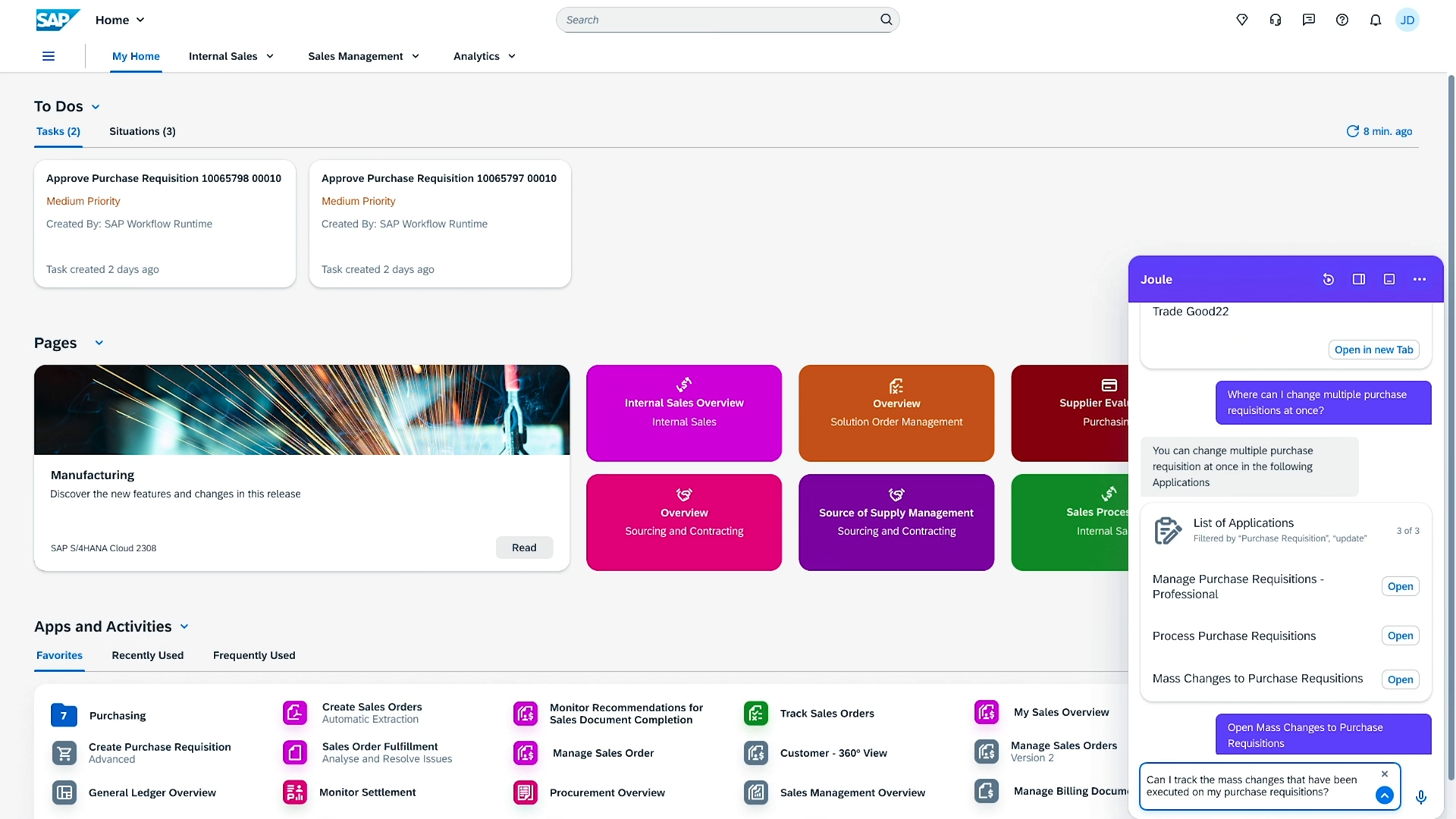 A Joule, assistente de IA generativa criada pela SAP, incorporada no S/4HANA